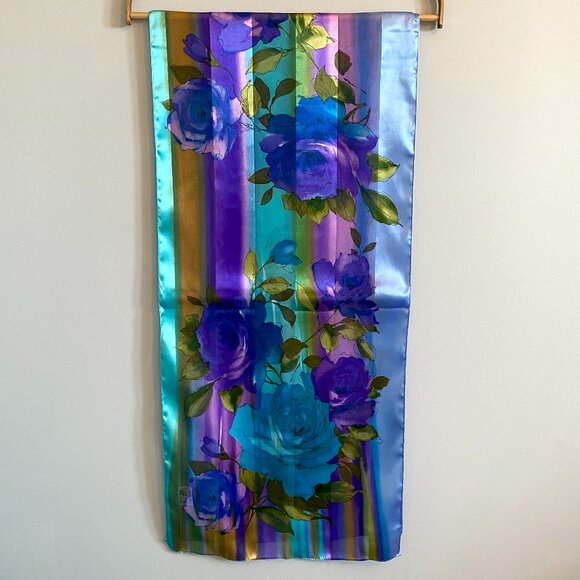 2/$20 👒 Careta Vintage Oldstock Sheer Scarf with Blue and Purple Floral Pattern - Picture 2 of 8